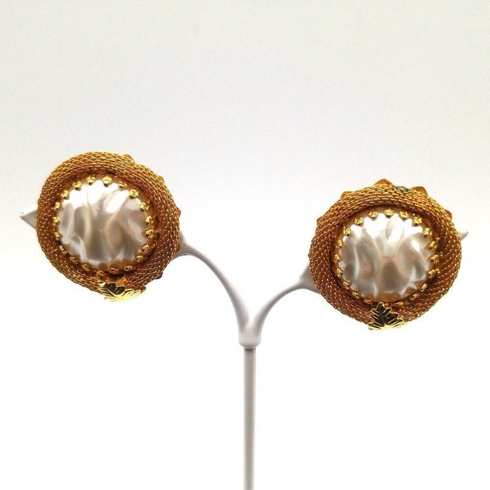 Vintage Faux Baroque Pearl Mesh Clip Earrings, Distressed, 1 1/8 Inches
